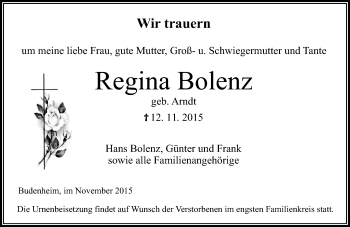 Traueranzeige von Regina Bolenz von  Allgemeine Zeitung Mainz