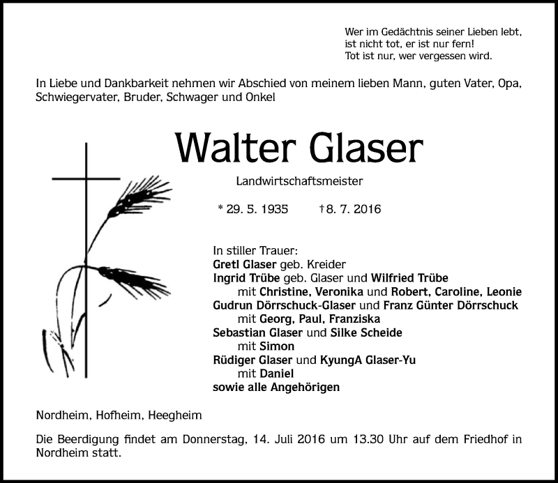  Traueranzeige für Walter Glaser vom 12.07.2016 aus Trauerportal Rhein Main Presse