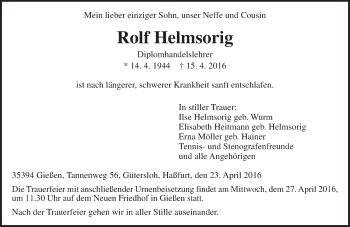 Traueranzeige von Rolf Helmsorig von  Gießener Anzeiger