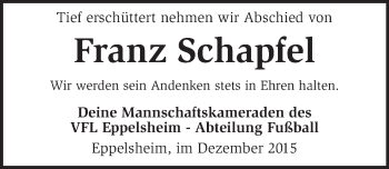 Traueranzeige von Franz Schapfel von  Allgemeine Zeitung Alzey
