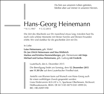 Traueranzeige von Hans-Georg Heinemann von VRM Trauer