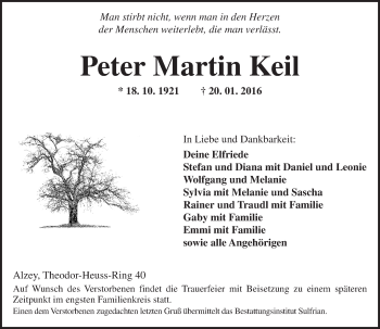 Traueranzeige von Peter Martin Keil von  Allgemeine Zeitung Alzey