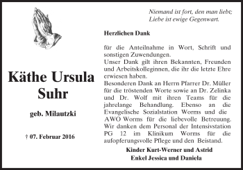 Traueranzeige von Käthe Ursula Suhr von  Wormser Zeitung