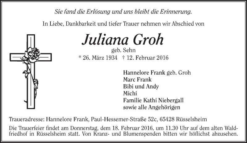  Traueranzeige für Juliana Groh vom 17.02.2016 aus  Mainspitze