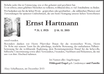 Traueranzeige von Ernst Hartmann von  Allgemeine Zeitung Alzey