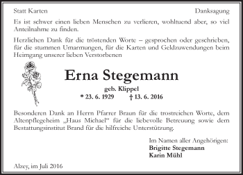 Traueranzeige von Erna Stegemann von Trauerportal Rhein Main Presse