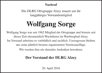 Traueranzeige von Wolfgang Sorge von  Allgemeine Zeitung Alzey
