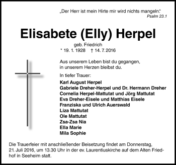Traueranzeige von Elisabete Herpel von Trauerportal Echo Online