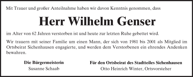  Traueranzeige für Wilhelm Genser vom 19.02.2016 aus  Kreisanzeiger