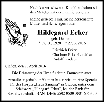 Traueranzeige von Hildegard Erker von  Gießener Anzeiger