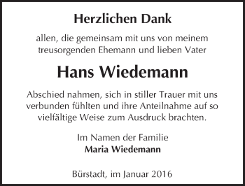 Traueranzeige von Hans Wiedemann von  Bürstädter Zeitung