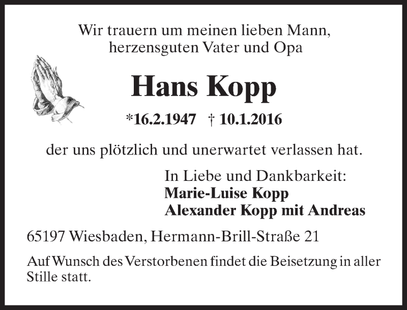  Traueranzeige für Hans Kopp vom 16.01.2016 aus  Wiesbaden komplett