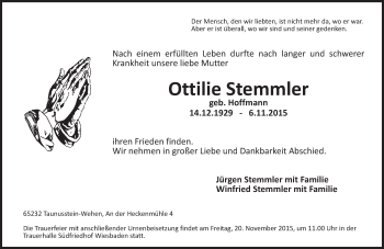 Traueranzeige von Ottilie Stemmler von  Wiesbaden komplett