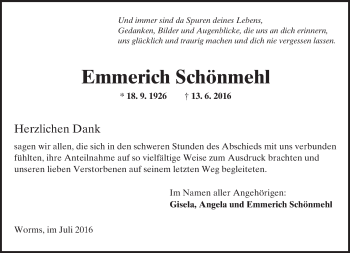 Traueranzeige von Emmerich Schönmehl von Trauerportal Rhein Main Presse