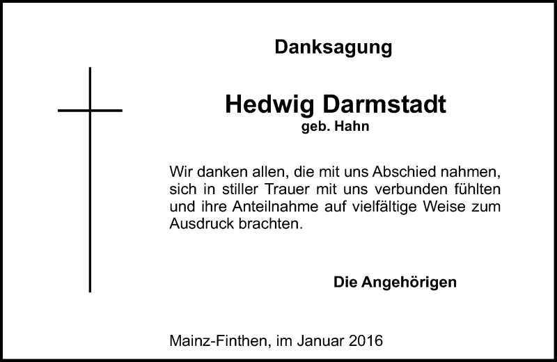  Traueranzeige für Hedwig Darmstadt vom 09.01.2016 aus  Allgemeine Zeitung Mainz