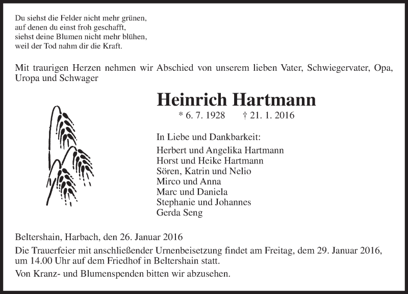  Traueranzeige für Heinrich Hartmann vom 26.01.2016 aus  Gießener Anzeiger