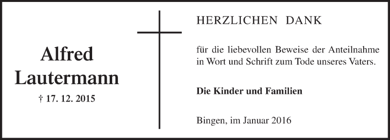  Traueranzeige für Alfred  Lautermann vom 30.01.2016 aus  Allgemeine  Zeitung Ingelheim-Bingen