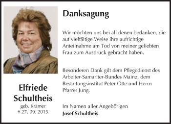 Traueranzeige von Elfriede Schultheis von  Allgemeine Zeitung Mainz
