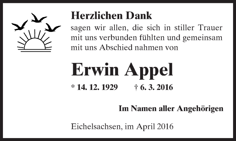 Traueranzeige für Erwin Appel vom 09.04.2016 aus  Sonntags Anzeiger