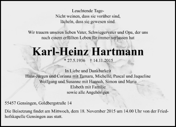 Traueranzeige von Karl-Heinz Hartmann von  Allgemeine  Zeitung Ingelheim-Bingen