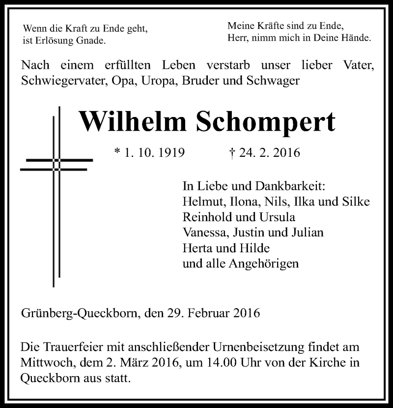  Traueranzeige für Wilhelm Schompert vom 29.02.2016 aus  Gießener Anzeiger
