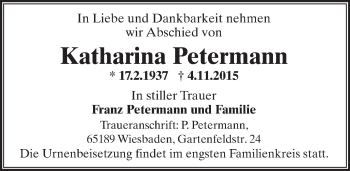 Traueranzeige von Katharina Petermann von  Wiesbaden komplett