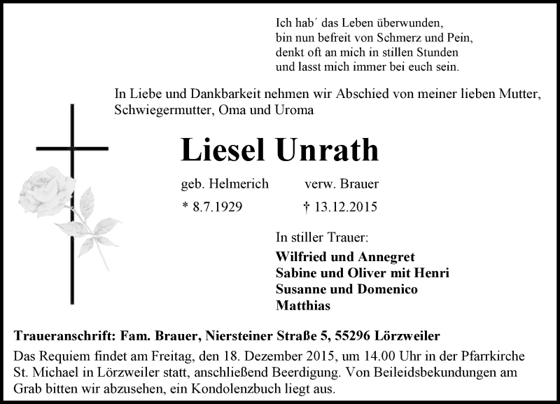  Traueranzeige für Liesel Unrath vom 16.12.2015 aus  Allgemeine Zeitung Mainz