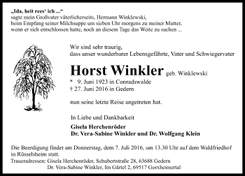 Traueranzeige von Horst Winkler von  Kreisanzeiger