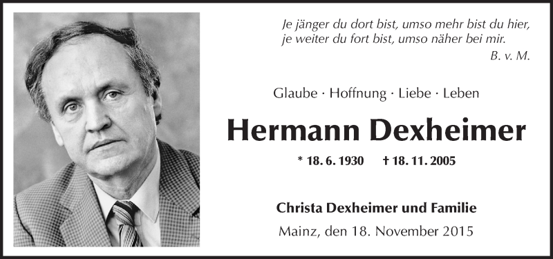  Traueranzeige für Hermann Dexheimer vom 18.11.2015 aus  Allgemeine Zeitung Alzey