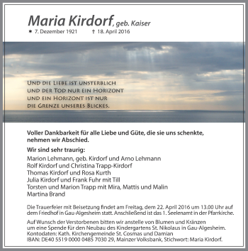 Traueranzeige von Maria Kirdorf von  Allgemeine  Zeitung Ingelheim-Bingen