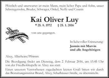 Traueranzeige von Kai Oliver Luy von  Allg. Zeitung Bad Kreuznach
