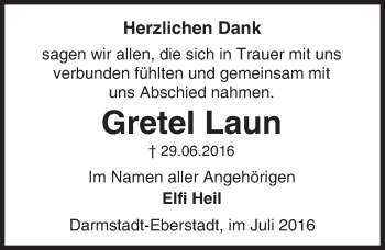 Traueranzeige von Gretel Laun von Trauerportal Echo Online