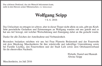 Traueranzeige von Wolfgang Seipp von  Gießener Anzeiger