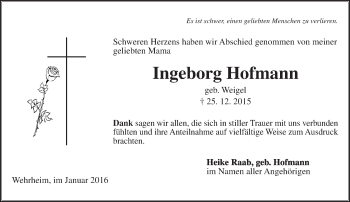 Traueranzeige von Ingeborg Hofmann von  Gießener Anzeiger