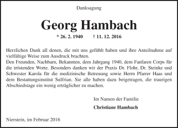 Traueranzeige von Georg Hambach von  Landskrone