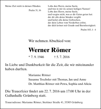 Traueranzeige von Werner Römer von  Gießener Anzeiger