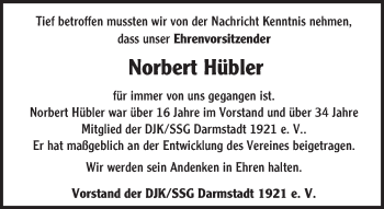 Traueranzeige von Norbert Hübler von Trauerportal Echo Online
