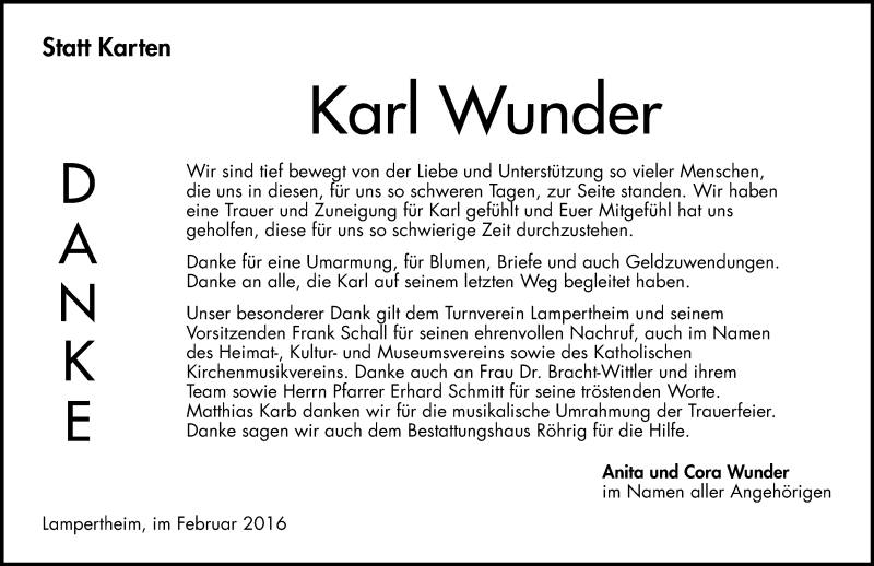  Traueranzeige für Karl Wunder vom 16.02.2016 aus  Bürstädter Zeitung