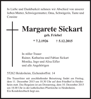 Traueranzeige von Margarete Sickart von  Allgemeine Zeitung Mainz