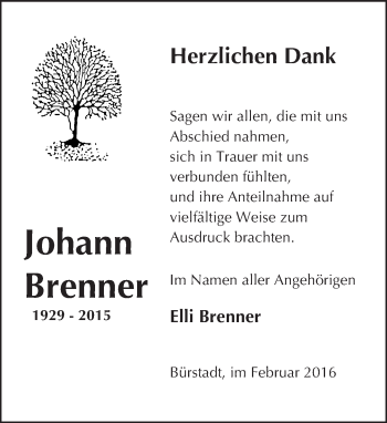 Traueranzeige von Johann Brenner von  Bürstädter Zeitung