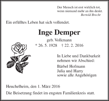 Traueranzeige von Inge Demper von  Gießener Anzeiger
