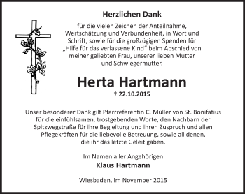 Traueranzeige von Herta Hartmann von  Wiesbaden komplett