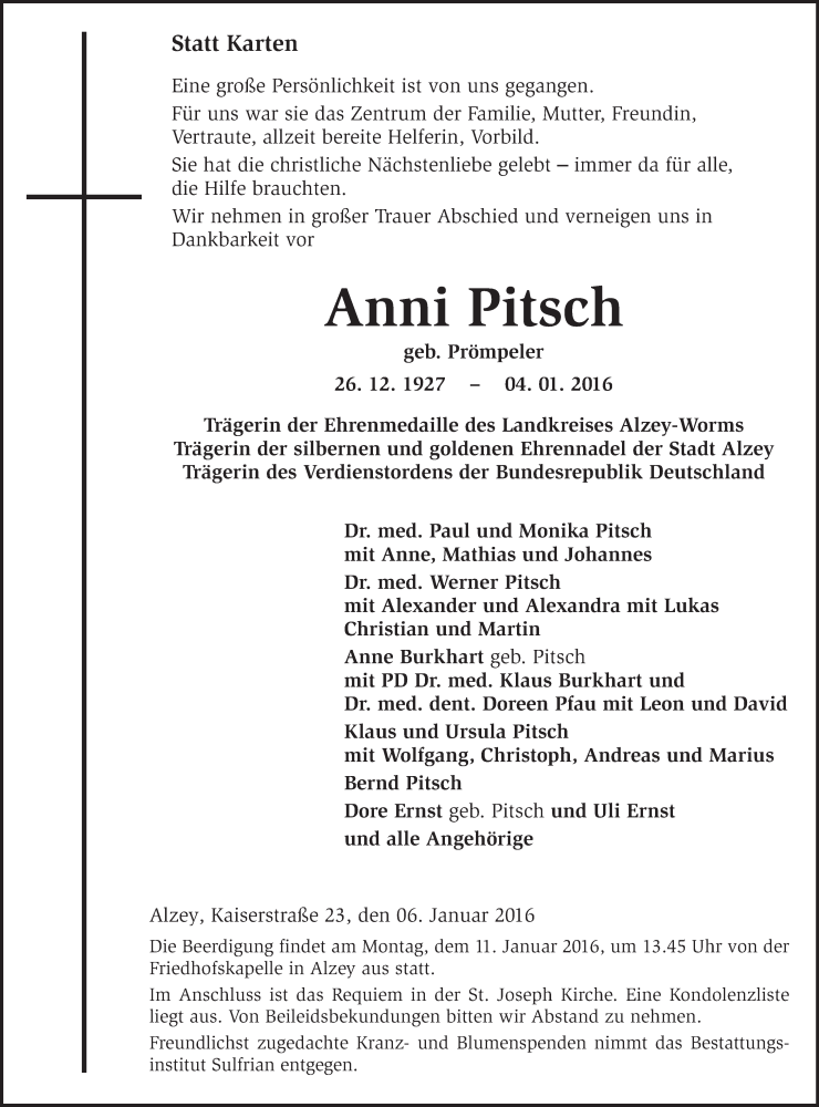  Traueranzeige für Anni Pitsch vom 06.01.2016 aus  Allgemeine Zeitung Alzey
