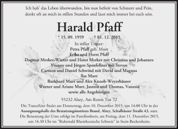 Traueranzeige von Harald Pfaff von  Allgemeine Zeitung Alzey