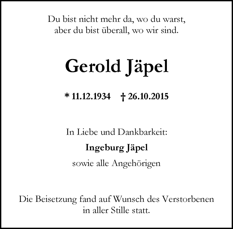  Traueranzeige für Gerold Jäpel vom 05.12.2015 aus  Allgemeine Zeitung Mainz