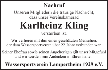 Traueranzeige von Karlheinz Kling von  Bürstädter Zeitung
