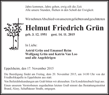 Traueranzeige von Helmut Friedrich Grün von  Allgemeine Zeitung Alzey