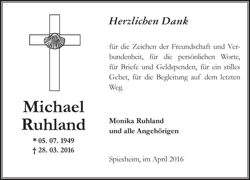  Traueranzeige für Michael Ruhland vom 23.04.2016 aus  Allgemeine Zeitung Alzey