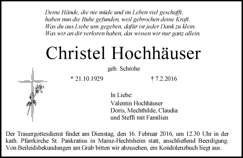  Traueranzeige für Christel Hochhäuser vom 13.02.2016 aus  Allgemeine Zeitung Mainz