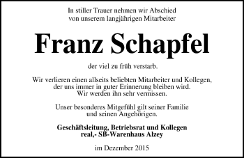 Traueranzeige von Franz Schapfel von  Allgemeine Zeitung Alzey